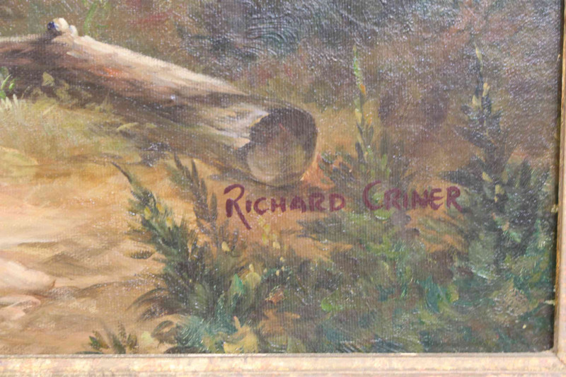 Modern large gilt framed oil on canvas depicting 19th Century scene of figures in woodland, overall 80cm by 110cm.