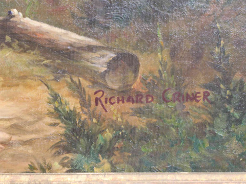 Modern large gilt framed oil on canvas depicting 19th Century scene of figures in woodland, overall 80cm by 110cm. thumbnail