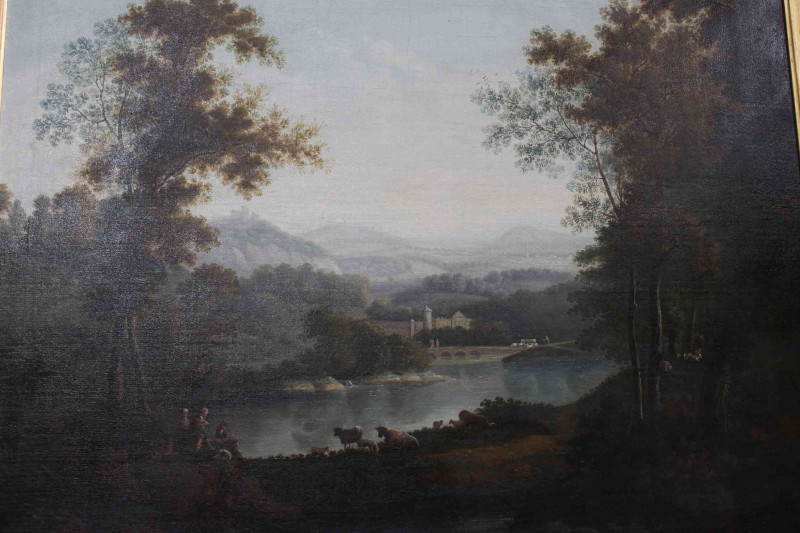 Large 19th Century oil on canvas, Continental rural scene with figures and animals in extensive landscape, 64cm by 76cm, gilt frame.