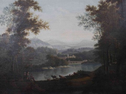 Large 19th Century oil on canvas, Continental rural scene with figures and animals in extensive landscape, 64cm by 76cm, gilt frame. thumbnail