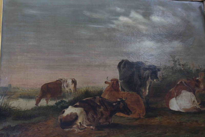 Two Victorian gilt framed oils on canvas depicting cattle in landscape and woodland, each approximately 70/75cm by 90cm.