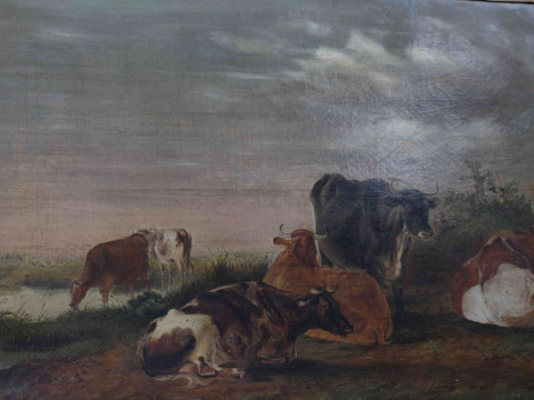 Two Victorian gilt framed oils on canvas depicting cattle in landscape and woodland, each approximately 70/75cm by 90cm. thumbnail