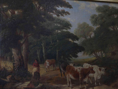 Two Victorian gilt framed oils on canvas depicting cattle in landscape and woodland, each approximately 70/75cm by 90cm. thumbnail