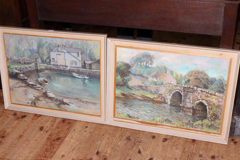 Roy Stringfellow, Seascape, oil on panel, signed lower right, 52cm by 92cm, framed, and pair signed Cornish pastels (3).