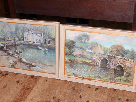 Roy Stringfellow, Seascape, oil on panel, signed lower right, 52cm by 92cm, framed, and pair signed Cornish pastels (3). thumbnail