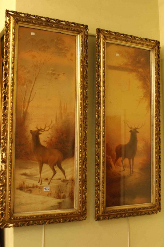 Two gilt framed oils, pair musician prints and pair stag prints (6).