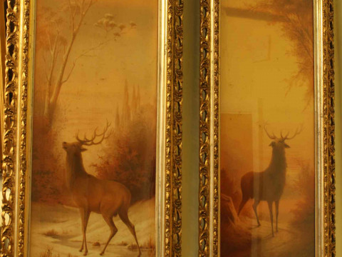 Two gilt framed oils, pair musician prints and pair stag prints (6). thumbnail