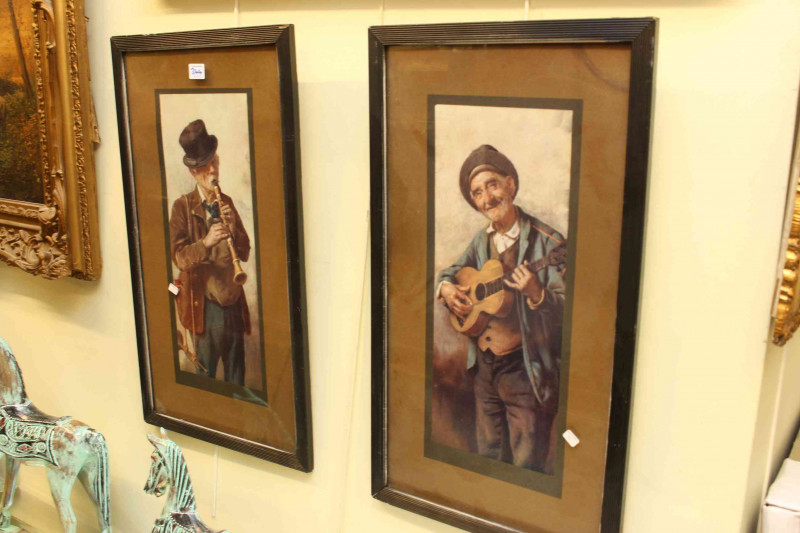 Two gilt framed oils, pair musician prints and pair stag prints (6).