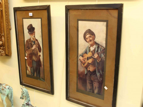Two gilt framed oils, pair musician prints and pair stag prints (6). thumbnail