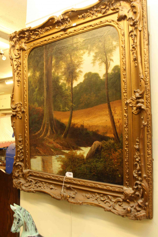 Two gilt framed oils, pair musician prints and pair stag prints (6).