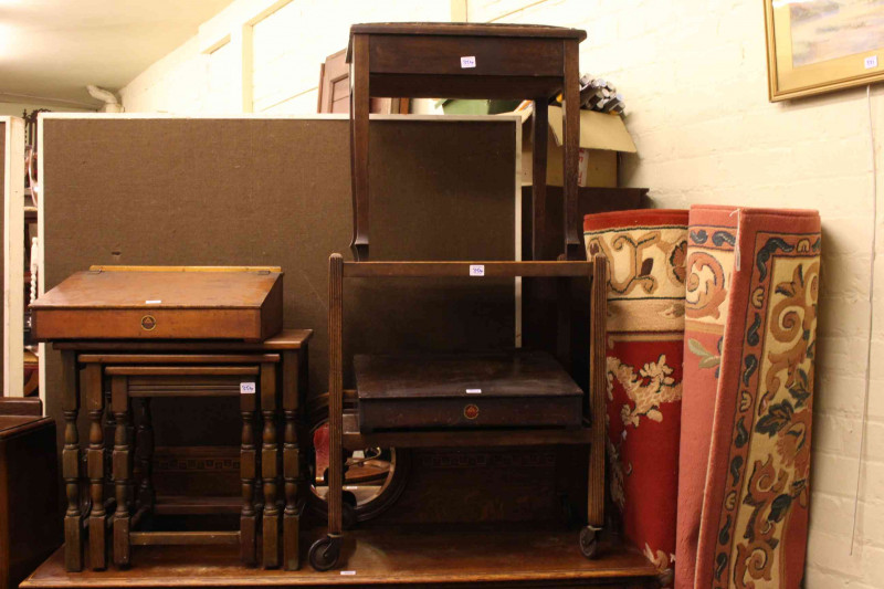 Victorian farmhouse style armchair, oak barley twist occasional table, small oak drop leaf table, two Triang ledger desks, music stool, dinner wagon, nest of three tables and three rugs (11).