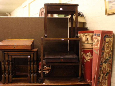 Victorian farmhouse style armchair, oak barley twist occasional table, small oak drop leaf table, two Triang ledger desks, music stool, dinner wagon, nest of three tables and three rugs (11). thumbnail