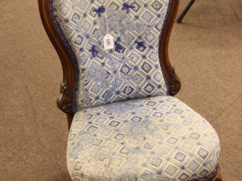 Victorian mahogany spoon back nursing chair and arched back open armchair. thumbnail
