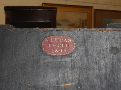 Oriental chinoiserie painted table cabinet having two doors enclosing two short and four long drawers, 56cm by 48cm. thumbnail