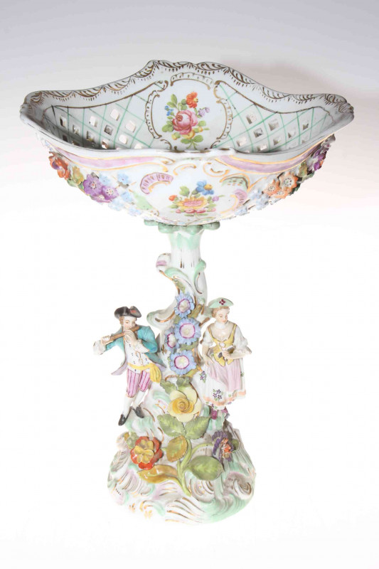 Dresden porcelain centre piece with pastoral couple and flower decoration, 33cm.