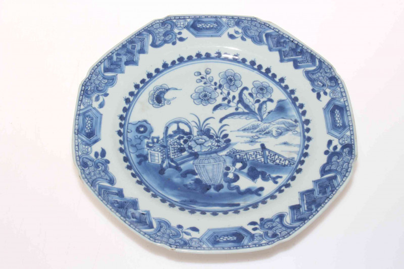 Chinese 18th Century blue and white hexagonal plate, 23cm across.