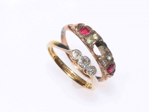 18 carat gold three stone diamond ring and a 9 carat gold ring (2).