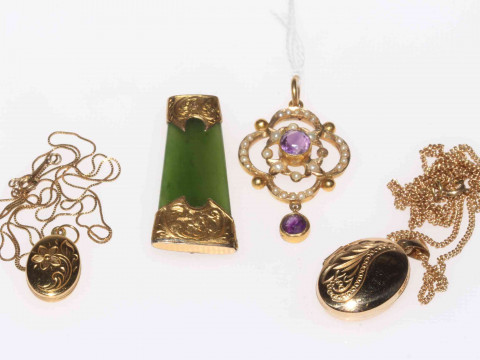 9 carat gold amethyst and seed pearl pendant, two lockets with chains...