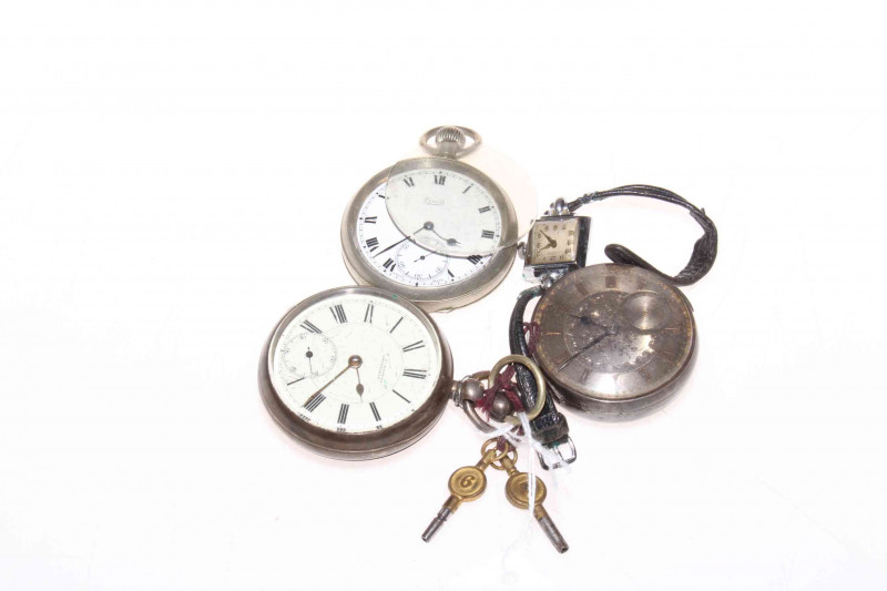 Two silver gents pocket watches, London 1858 and Birmingham 1893, other pocket watch and wristwatch (4).