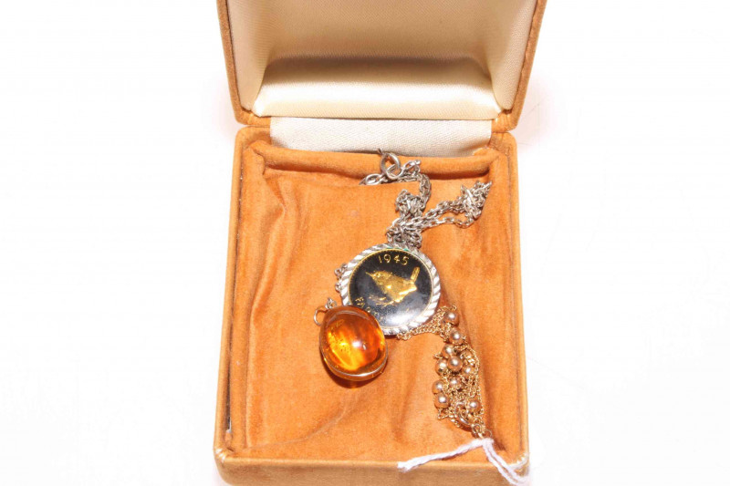 Gold bead and mesh chain necklace, amber pendant and farthing pendant.