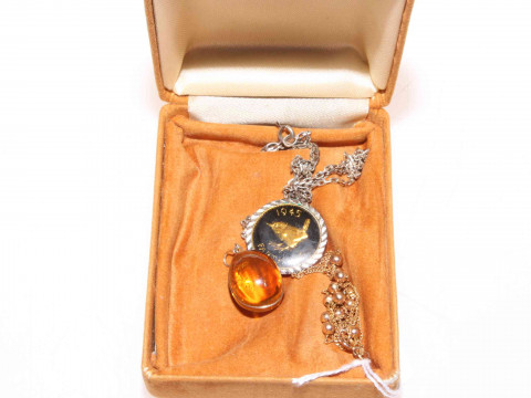Gold bead and mesh chain necklace, amber pendant and farthing pendant.