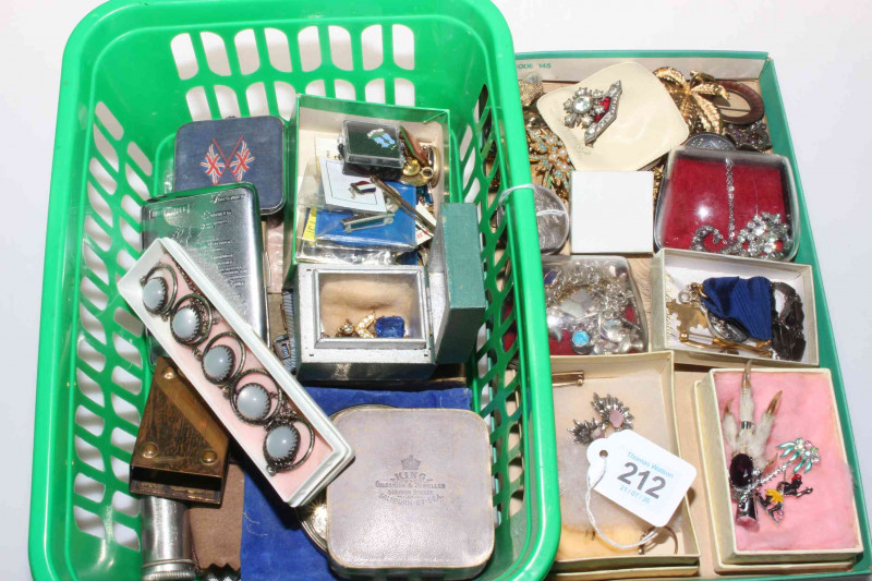 Two boxes of jewellery, badges and collectables, including 15 carat ruby bar brooch.