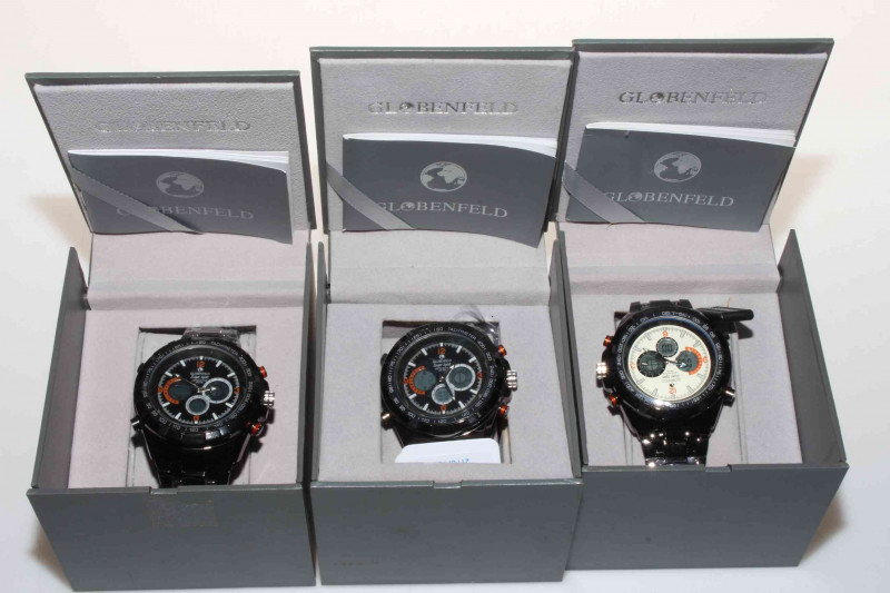 Three boxed gents Globenfield Super Sport wristwatches.