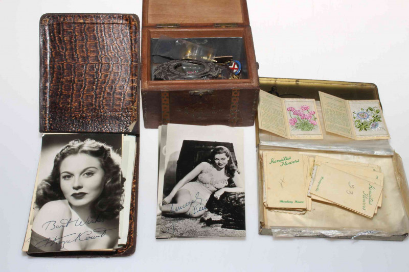Kensita's cigarette cards in original tin, military badges, Butlins 1965 and 1949 enamel pin badges, together with a circa 1940's autograph album and signed photographs including Patricia Roe, Rosamund John, John Mills, Sheila Sim, Richard Attenborough, J