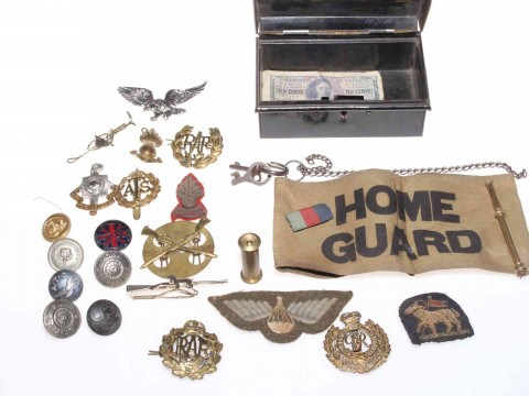 Tin with badges including Home Guard, etc.