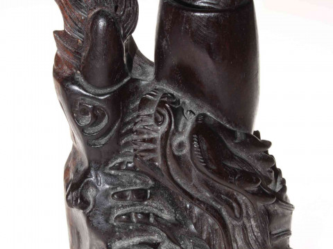 Chinese dragon carved hardwood brush pot, 28cm.
