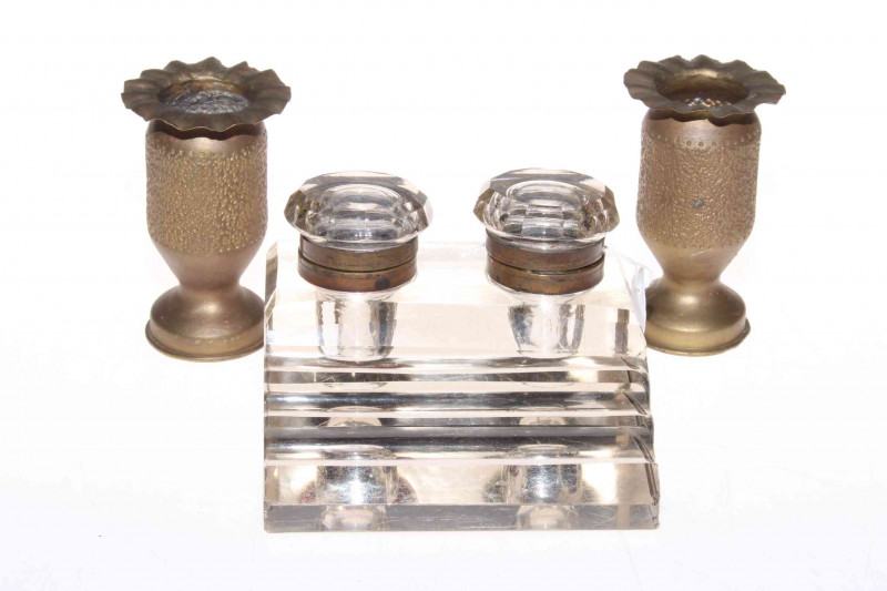 Heavy glass double inkwell and pair of small shell case vases.