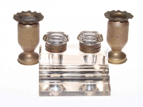 Heavy glass double inkwell and pair of small shell case vases.