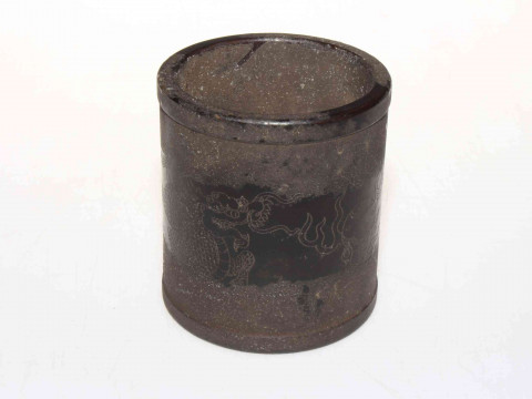 Chinese bronze brush pot having incised decoration of dragon, Chien Lung...