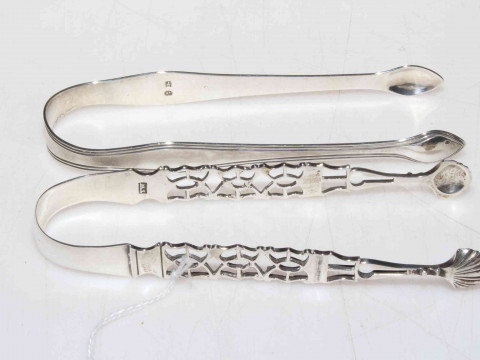 Pair George III Hester Bateman silver sugar tongs and pair by Thos. Willamore...