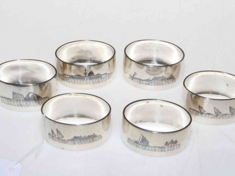 Set of six Iranian silver napkin rings decorated with boating scenes,...