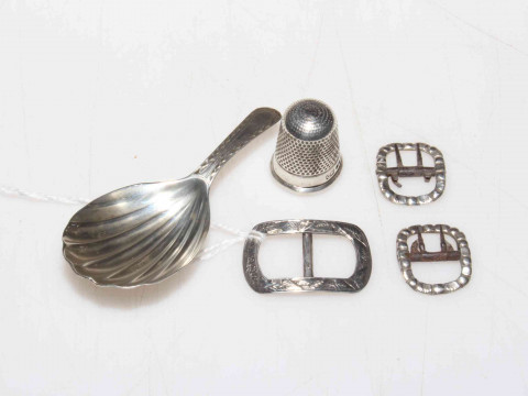 George III silver bright cut caddy spoon, pair tiny silver buckles by...