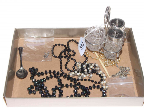 Three piece cruet, earrings, necklaces, etc.