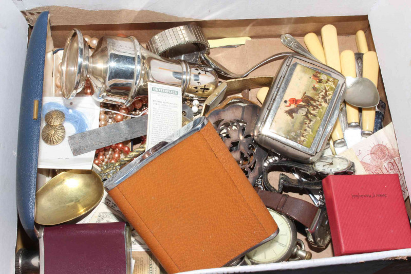 Box of costume jewellery, cutlery, sugar castor, spirit flasks, cigarette case, etc.