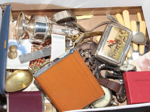 Box of costume jewellery, cutlery, sugar castor, spirit flasks, cigarette...