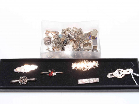 Box of vintage silver charms and six assorted brooches.
