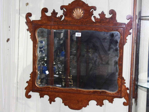 Burr walnut fretwork wall mirror, 67cm by 67cm overall.