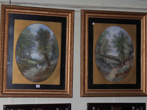 Pair oval oil paintings of Figures in Landscape, in gilt glazed frames,...
