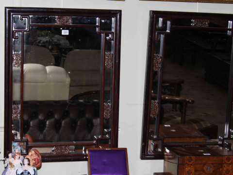 Pair Chinese hardwood framed wall mirrors, 74.5cm by 56cm.