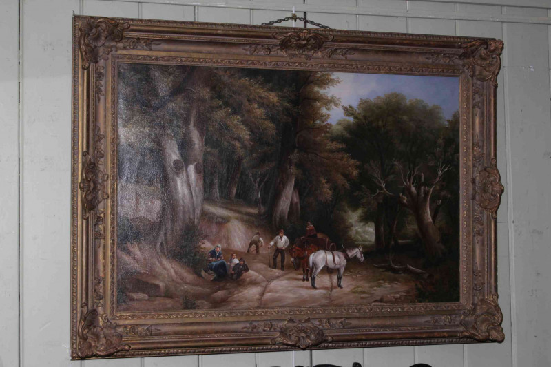 Modern large gilt framed oil on canvas depicting 19th Century Scene of Figures in Woodland, 80cm by 110cm overall.
