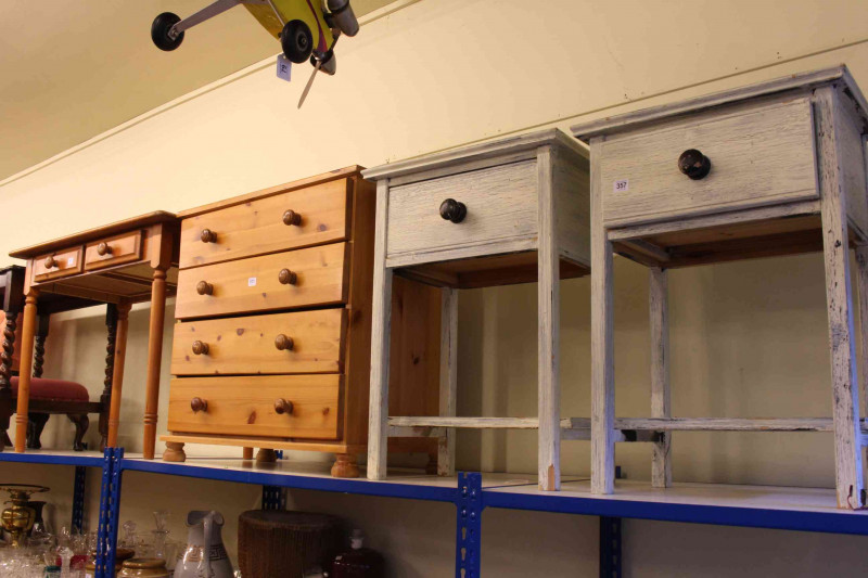 Pair painted pine single drawer lamp tables, two drawer dressing table and four drawer chest (4).