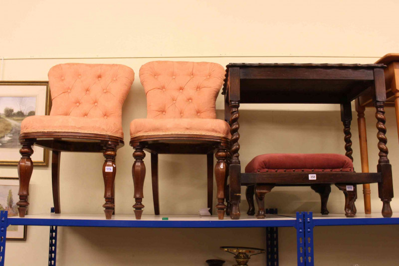 Oak barley twist occasional table, pair Victorian side chairs, oak cabinet bookcase, Siesta nest of three mahogany tables and footstool (6).