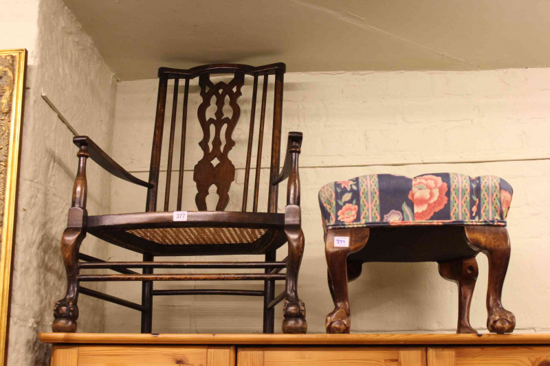 Early 20th Century cane seated occasional armchair, ball and claw leg footstool, tripod wine table and ceramic vase (4).