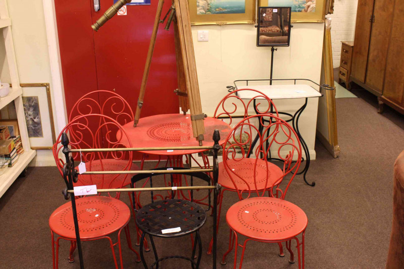 Brass and iron towel stand, marble topped wrought metal washstand, circular garden table and five chairs.