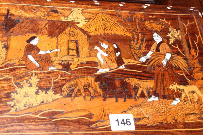 Inlaid marquetry box with velvet lining, 40cm by 23cm.