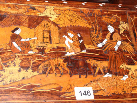 Inlaid marquetry box with velvet lining, 40cm by 23cm. thumbnail
